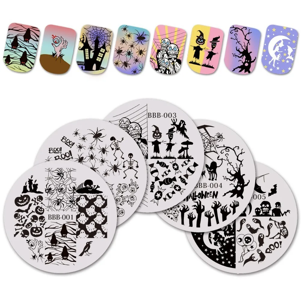 

BeautyBigBang 1 Pcs 6.5*6.5 Cm Halloween Series Pattern Round Stamping For Nails Stamping Image Plate Stemple Paznokci Nail Art