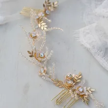 Винтаж золотой лист Свадебный волос длинные расчески цветочный женский головной убор Свадебные аксессуары вечерние украшения для волос для невесты u481