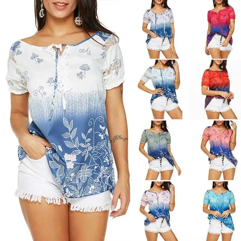 

Print Women's Shirts 2019 Summer Tops Female Lace Patchwork Casaul Tees Blusas Ladies Sexy V Neck Party Blouses Plus Size