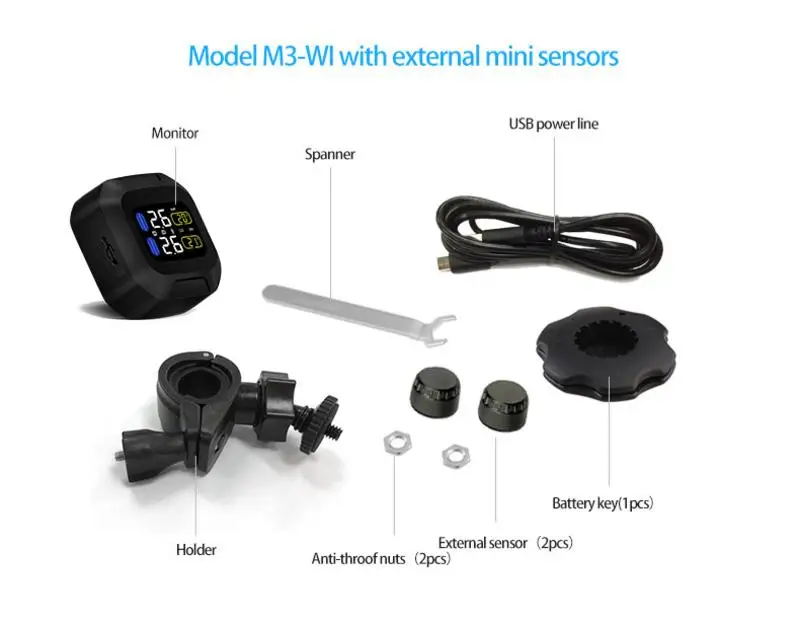 

M3 Waterproof Motorcycle Real Time Tire Pressure Monitoring System TPMS Wireless LCD Display Internal Or External TH/WI Sensors
