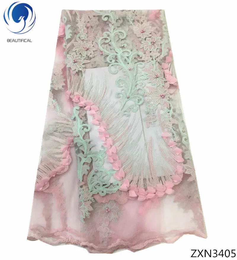 

Beautifical 3d lace fabrics french tull lace fabrics with beads 2018 appliqued lace beaded Embroidered for women 5yards ZXN34