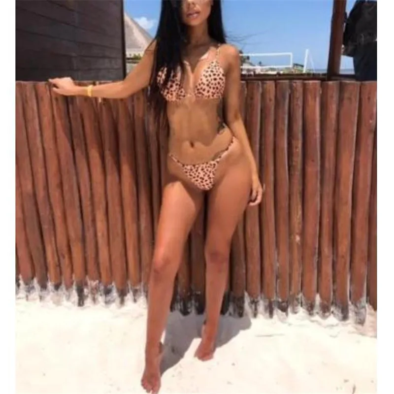 

Women Leopard Swimsuit Sexy Bikini Set Two Pieces Bandage Swimwear Push-up Padded Triangle Bra Top Thong Bottom Beachwear Hot