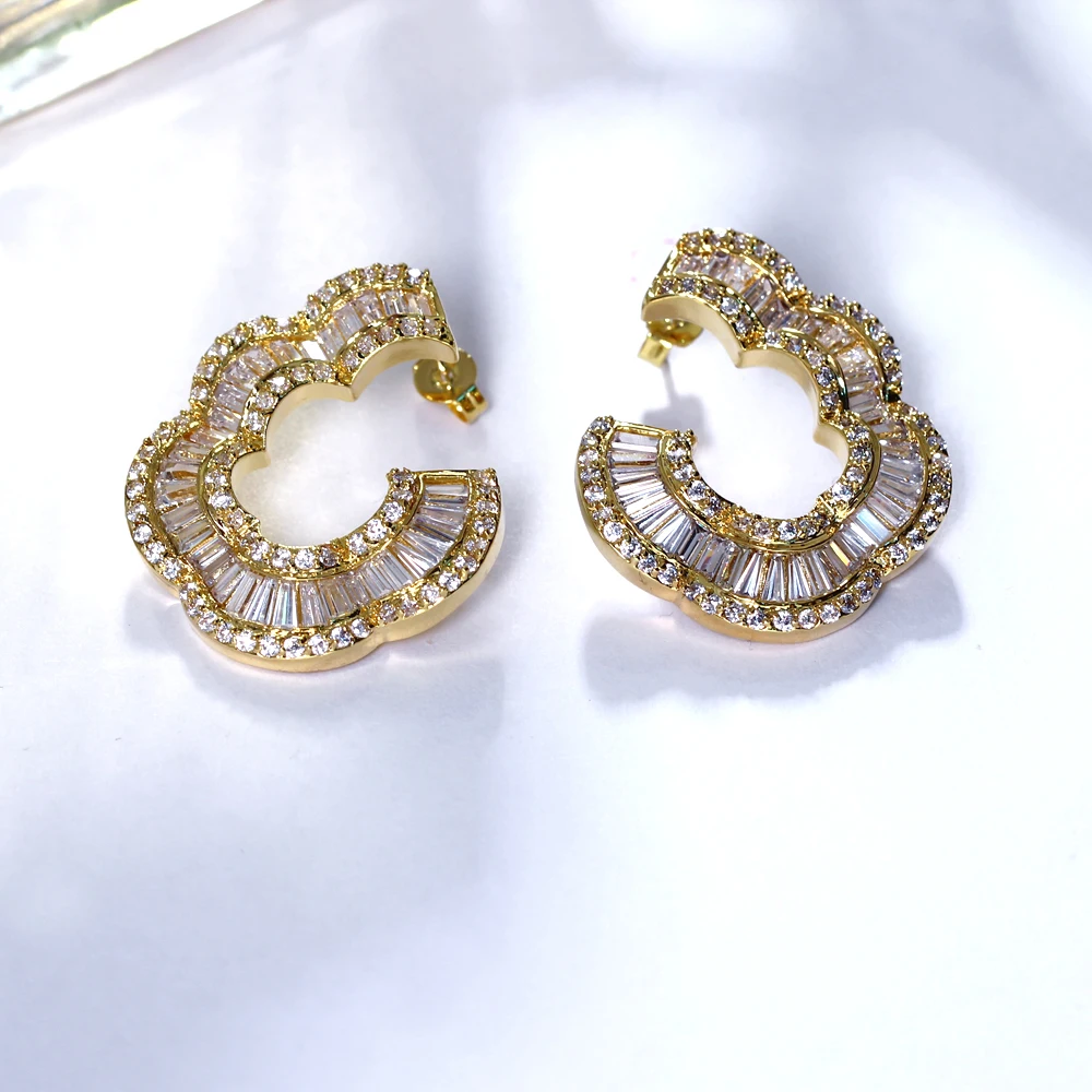 Luxury Curve Shape Jewelry Big Stud Earrings Trendy White/Gold-Color Shiny CZ Crystal Large earrings for Women
