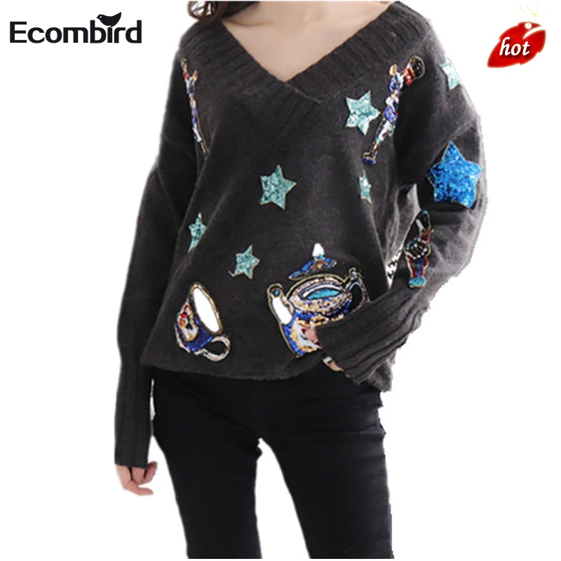 Oversized Winter Women Runway Sweater with Sequins Long Sleeve V-neck Teapot Star Sequined Wool Knit Black Gray Female Pullovers | Женская