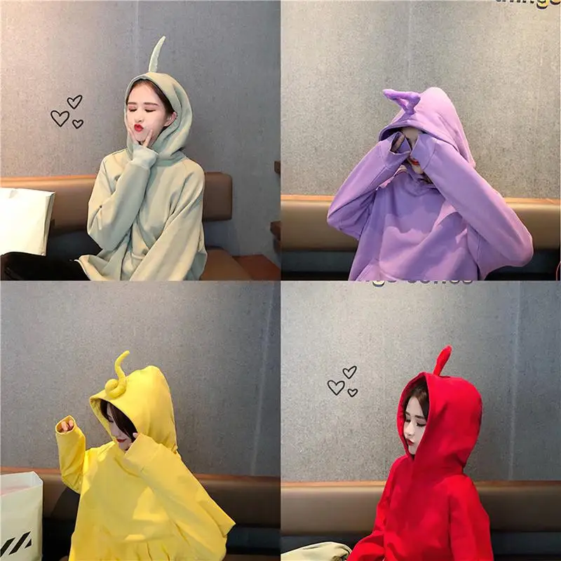 MISSKY Autumn Winter Women Sweatshirt Solid Color Cute Teletubby Design Sweatshirt Hoodies Loose Pullover Casual All-match Top
