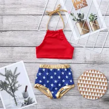 2021 nouvel Été Enfants Bébé Fille 4th Juillet Bikini Ensemble Mignon Imprimé Étoiles 2 Pièces Maillot De Bain Costume 1 À 6Y