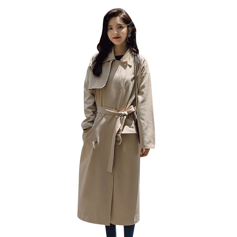 

High Quality Concise Temperament Windbreaker Loose Trench Coat For Women Long Double-breasted Thin Section Polyester Cotton