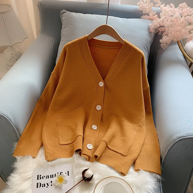

PEONFLY Knitting Cardigan Women Coat Solid New Spring And Autumn Fashion V Neck Long Sleeve Office Lady Sweater Coat Tops