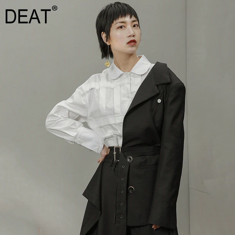 

[DEAT] 2019 New Autumn Winter Personality Bandage Half Side Buckle Button Split Joint Jacket Women Fashion Tide JR294