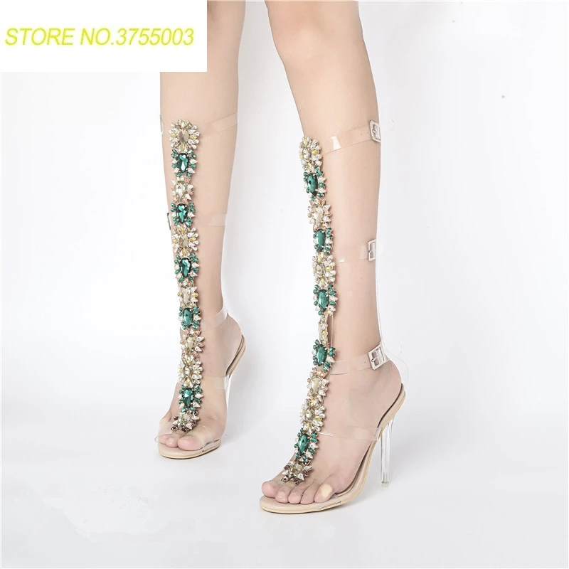 

Women Sandals Sexy Pvc Transparent Gladiator Sandals Woman Open Toe T-strap Rhinestone Clear High Heel Shoes Women Summer Boots