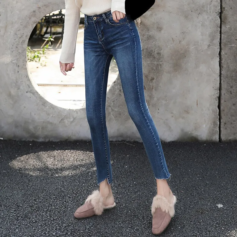 2018 осень Для женщин Нерегулярные синие джинсы новые модные рваные с дырами, рваные джинсовые узкие брюки повседневные узкие брюки