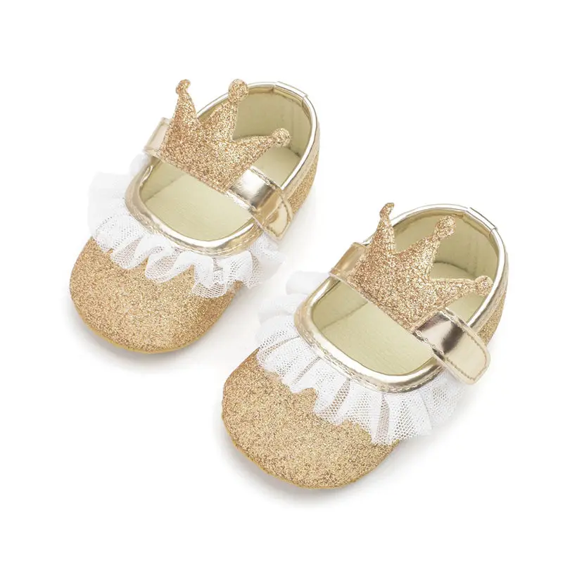 New Baby Girl Shoes Lace PU Leather Princess Baby Crown Shoes First Walkers Newborn Moccasins For Girls Glitter Crib Shoes