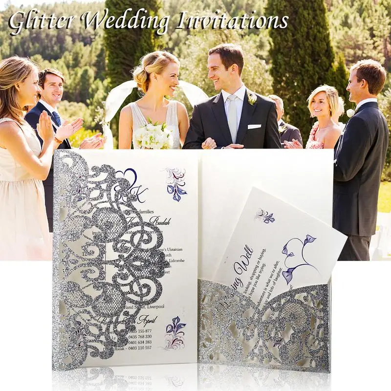 10PCS European Style Glitter Invitations Laser Cut Wedding Invitations Cards Festive Greeting Cards - 32986749743
