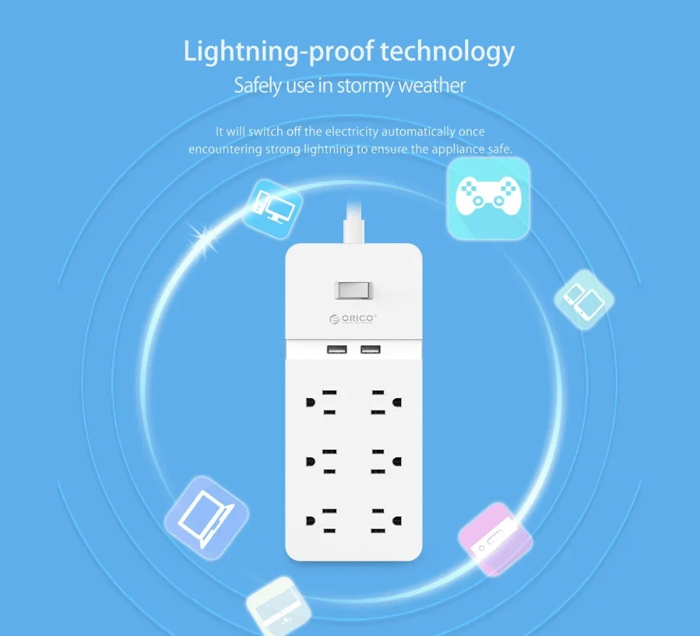 ORICO 6 AC Outlet Surge Protector with 2 USB Charging Port Smart Multi Power Strip Socket Adapter Extension Patch Board Charger