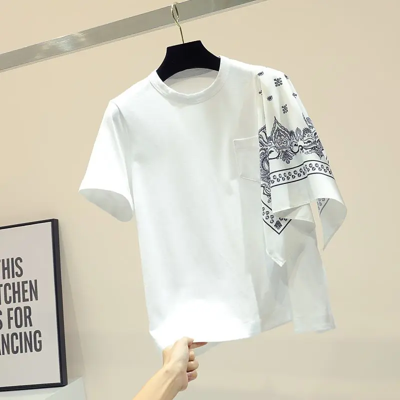 

Korean version of loose irregular print ruffled short-sleeved T-shirt female white t-shirt top 2019 early summer new wave