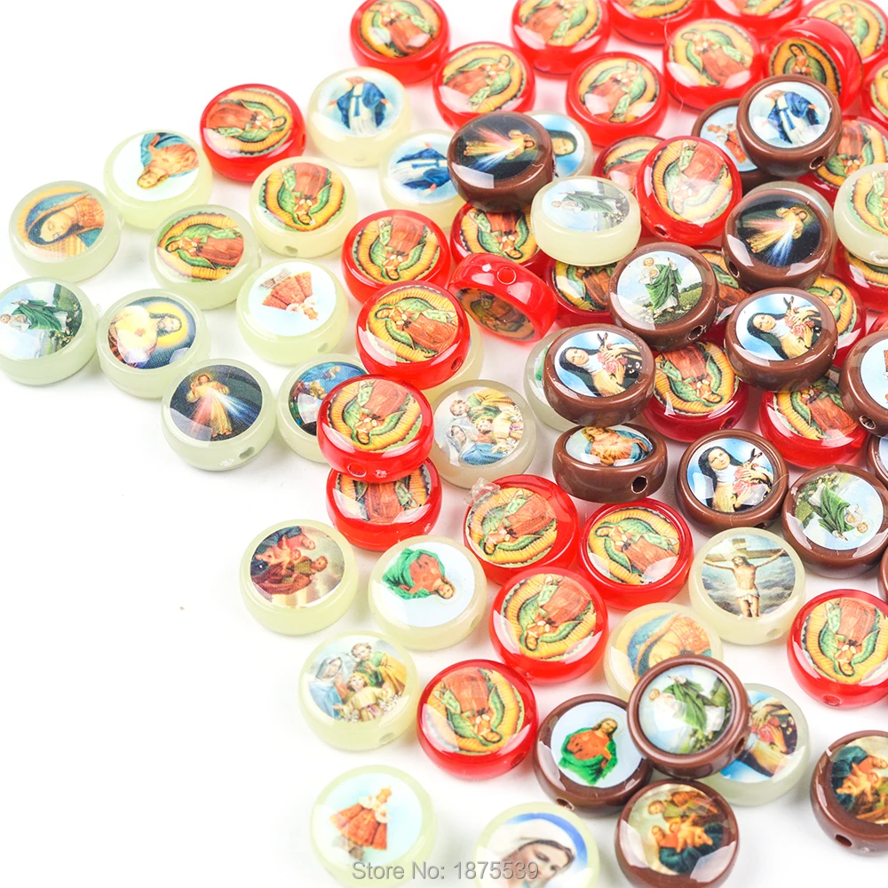 

Round Flat Plastic Beads Catholic Saint Figures Red Coffee Colors Size is 12 mm