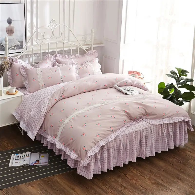cheap 16 Kinds Rural Flower Khaki 4pcs Bedding Set Bed Skirt +Duvet Cover + Pillow Case King Queen Size For Girl Princess edredon