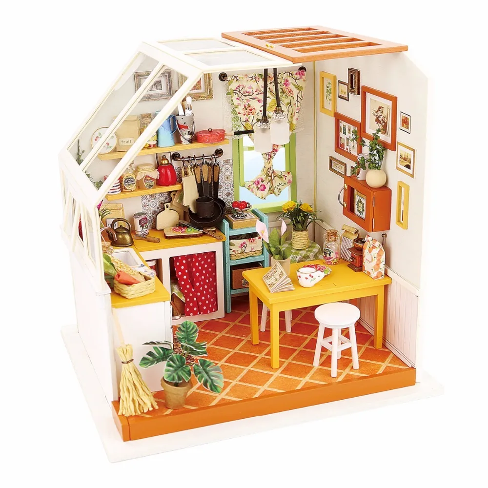 

Robotime DIY Jason's Kitchen with Furniture Children Adult Miniature Wooden Doll House Model Building Dollhouse Toys DG105