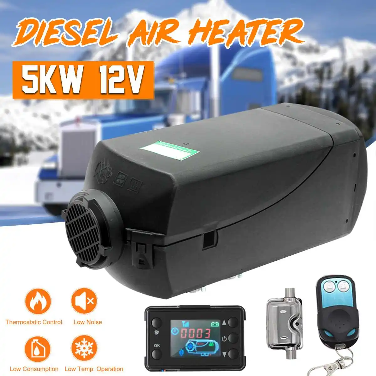 

12V 5000W LCD Monitor Air diesels Fuel Heater Single Hole 5KW For Boats Bus Car Heater With Remote Control and Silencer For free