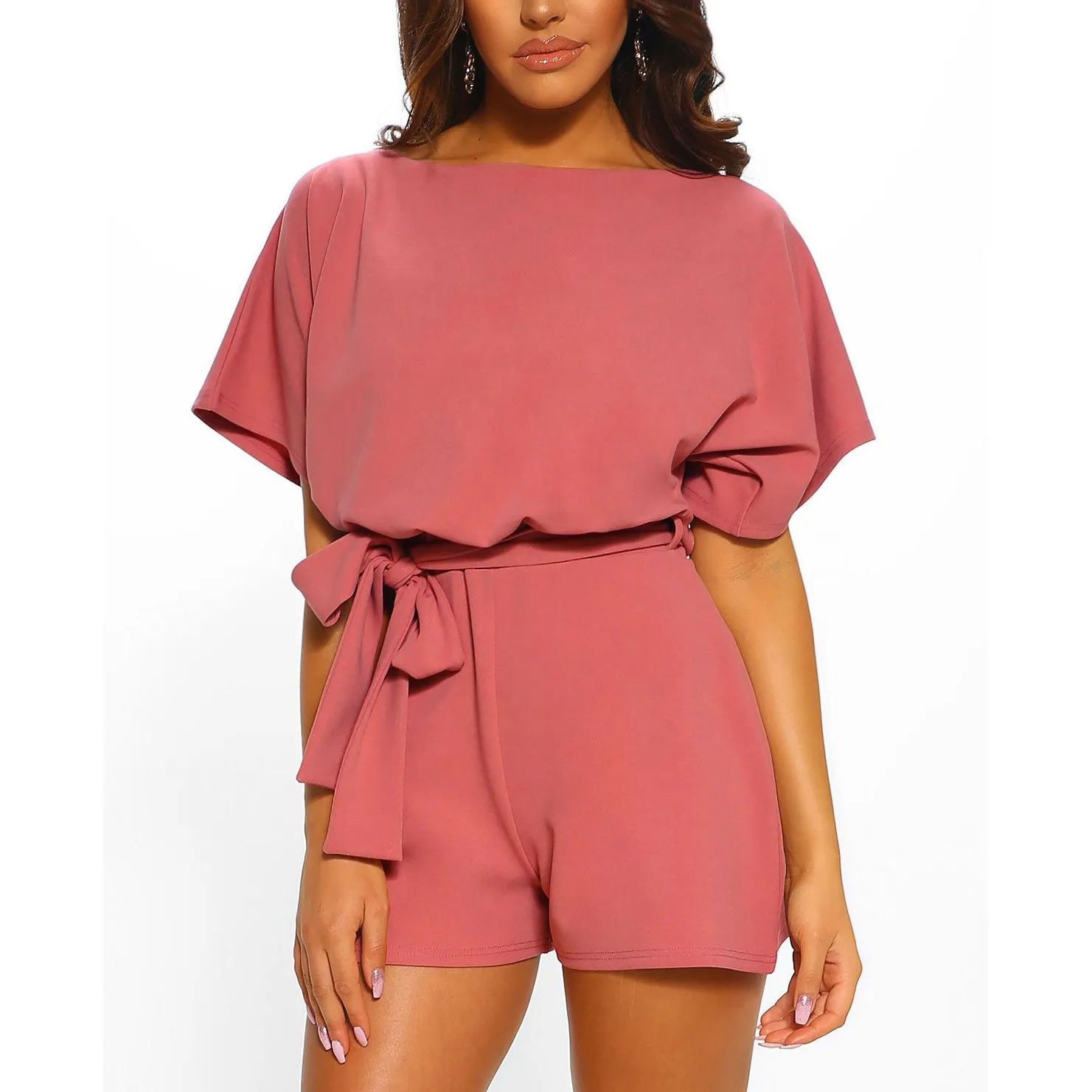 

Summer Beach Romper Women Belted Elegant Office Overalls Sashes Casual O Neck Short Sleeve Jumpsuit Solid Playsuit