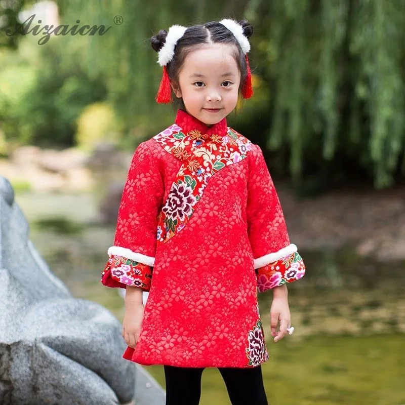 Kids Cheongsam Satin Dresses For Flower Winter Girls Princess Chinese