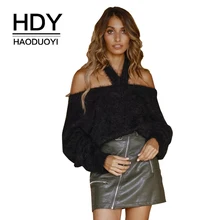 HDY Haoduoyi Boat Neck Knit Sweater Black New Arrival Long Lantern Sleeve Top Streetwear Fur Pullovers