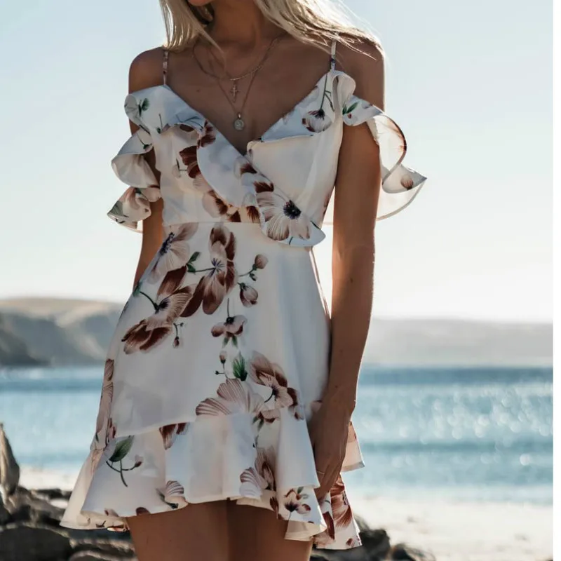 

Women Summer Boho Ruffles Mini Dress Sleeveless Cold Shoulder Floral Beach Dress Holiday Bandage Sundress
