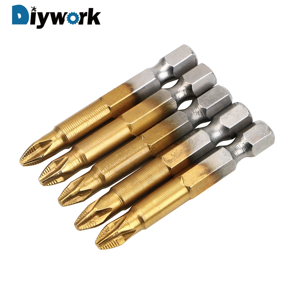 

DIYWORK 5 Pieces/Set Electric Screwdriver Bits Titanium Coated 1/4" Hex Shank PH2 50mm Length with Magnetic Tip Anti Slip