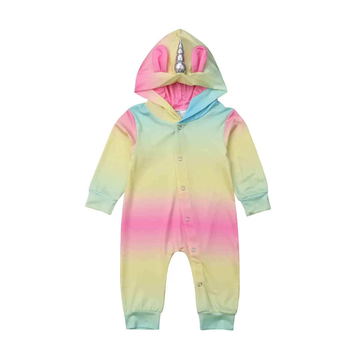 New Infant Kids Baby Girl Boy Unicorn Romper Long Sleeve Rainbow Colorful Striped Hooded Jumpsuit Spring Fall Clothes | Детская одежда