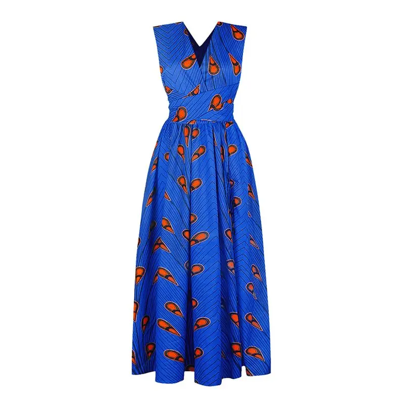 

Summer African Maxi Dress Women Lace Up Split Design Sexy Robe Red Fashion Floral Print Casual Blue Backless Party Long Dresses