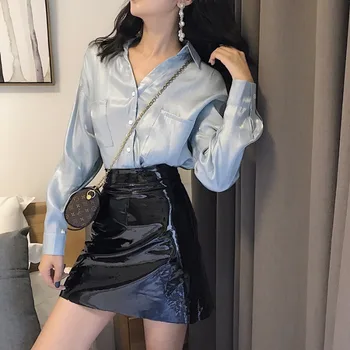 

Lychee Girls Pocket V Neck Blouse Shirts Long Sleeve Solid Color Blouses Spring Autumn Casual Loose Female Shirts