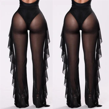 

Women Beach Pants New Arrival Mesh Sheer Bikini Cover Up Transparent Ruffle High Waist Pants Long See Through Ladies Trousers