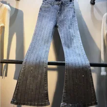 Новые весенние модные тяжелые вертикальные горячие сверла с высокой талией расклешённые джинсовые брюки женские джинсы брюки осенние длинные брюки