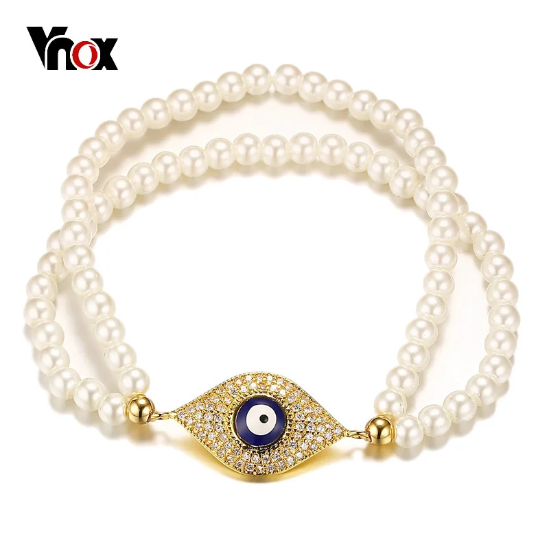 

Vnox Evil Blue Eye Simulated Pearl Bracelets for Women Punk Beaded Link Chain Femme Bracelet Party Gift Jewelry