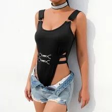 Harajuku Strappy Black Bodysuit Sexy Sleeveless Backless Bodycon Bodysuit High Waist Bodies Woman Hollow Out Romper hollow out choker bodysuit
