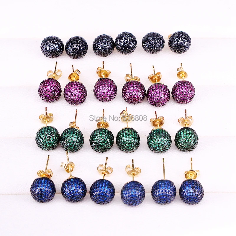 

6 Pairs ZYZ339-0280 Mix Color CZ Round Ball Stud Earrings 8mm/ 10mm for Women Fashion Earrings Jewelry