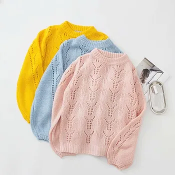 

New Arrival Spring Autumn O-Neck Lantern Sleeve Solid Sweater Female Casual Hollow Out Thin Knitted Pullovers