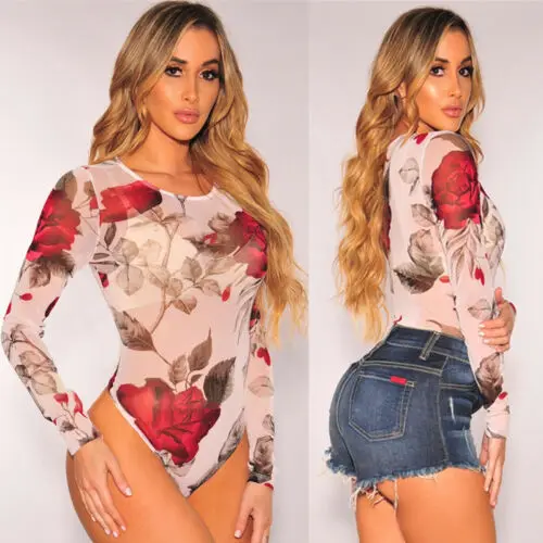 

Sexy Women Floral Bodysuit Bodycon Mesh Rose Print Jumpsuit Leotard Tops Clothes summer