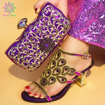 

High Pumps Purple Italian shoes and bag to match set popular fashion design Africa summer buckle high heels ladies shoe Wedding
