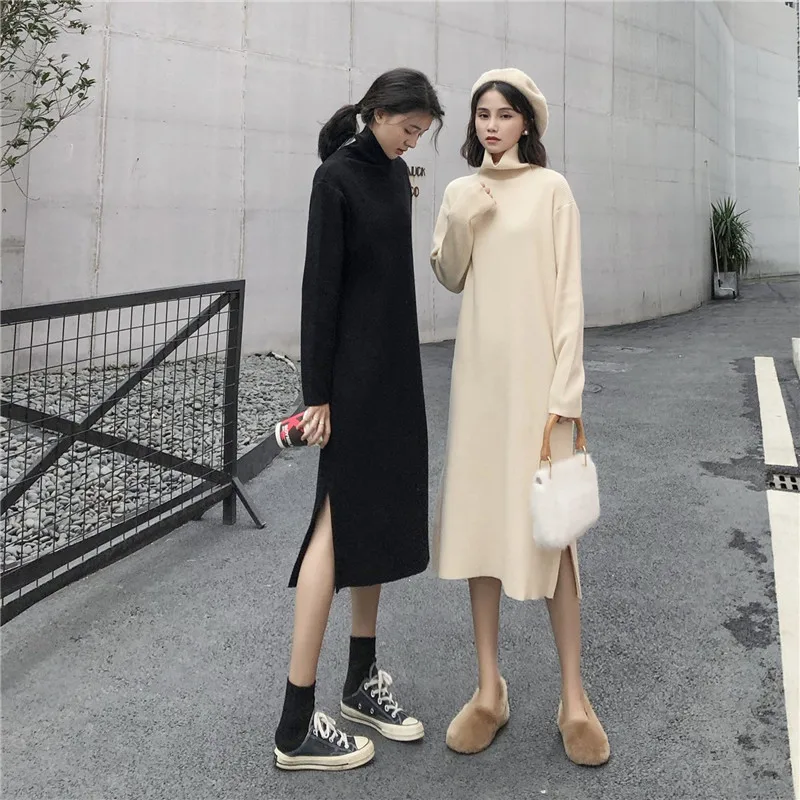 

2019 autumn and winter turtleneck knitting dress for women side split long sleeve long loose female straight dress black/beige