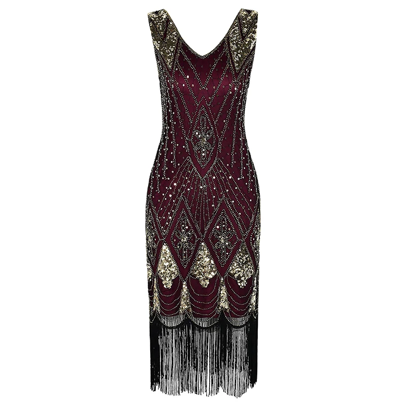 

Vintage Sequined Lace Maxi Dress Women Bodycon Tassel Beaded 1920s Gatsby Club Elegant Party Gown Dress Black/Burgundy Vestidos