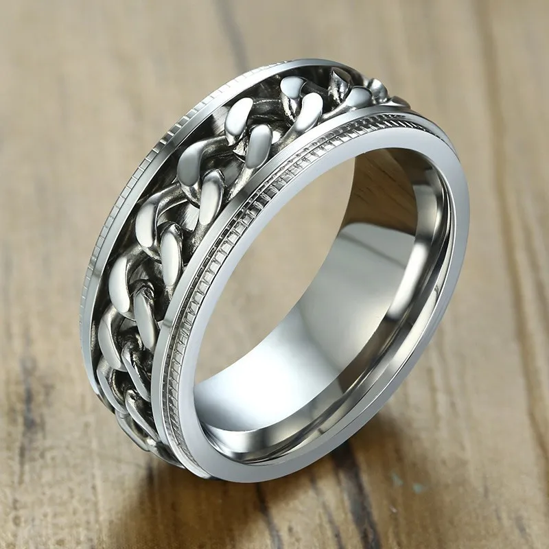

8mm Men's Silver Tone Cuba Biker Chain Spinner Ring with Grooved Stepdown Edge Wedding Band Reliever Worry Men Jewelry