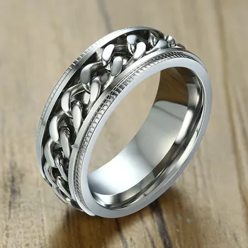 

8mm Men's Tone Cuba Biker Chain Spinner Ring with Grooved Stepdown Edge Wedding Band Reliever Worry Men Jewelry