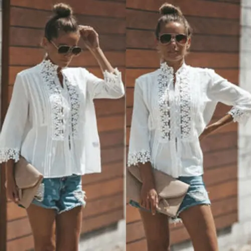 

Women's Fashion Lace Hollow Slim Blouses Long Sleeve White Shirt Tops Stylish AU