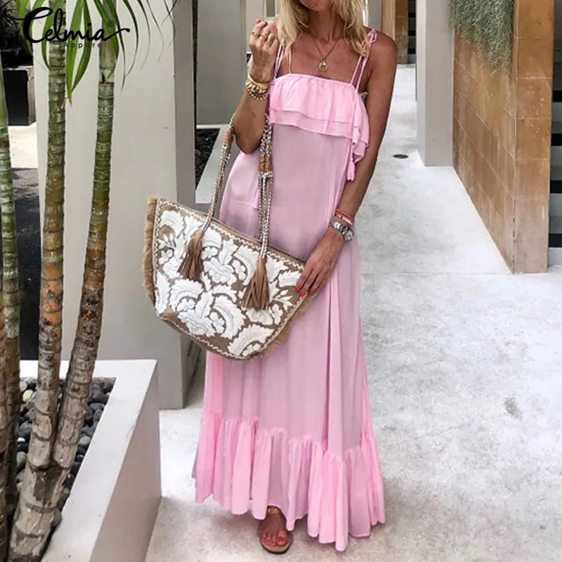 

Celmia Sexy Ruffles Long Dress Women Straps Sleeveless Summer Beach Dress 2019 Ladies Casual Loose Party Maxi Vestidos Plus Size