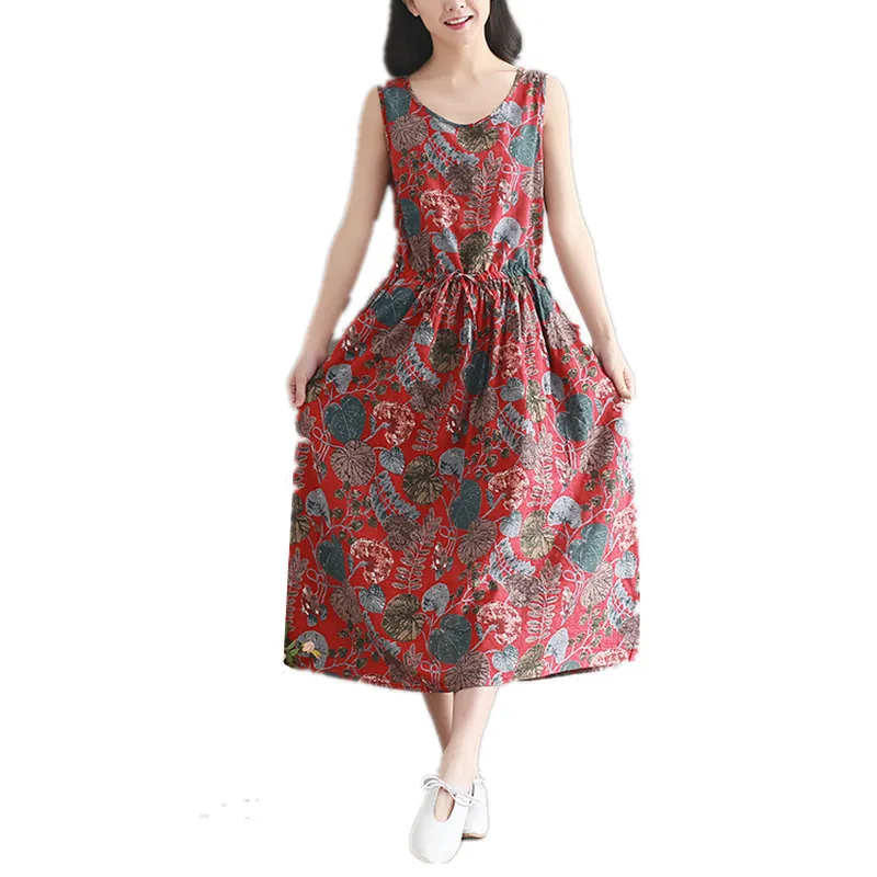 

2019 New Summer Vintage Women Floral Print Dress Sleeveless O Neck Cotton Linen Loose Robe Dresses Vestidos