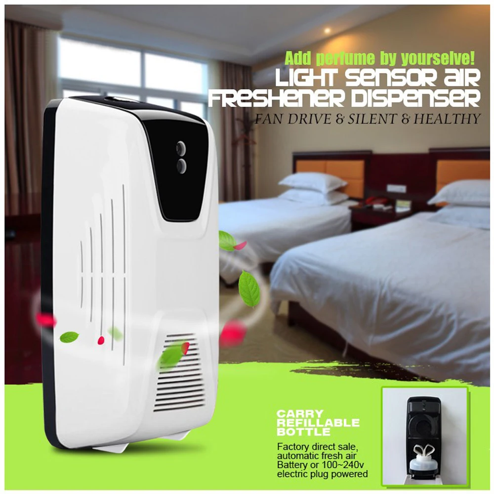 

Aerosol Dispenser Fan Type Automatic Light Sensor Air Freshener Dispenser Use Essential Oil or Perfume Refillable