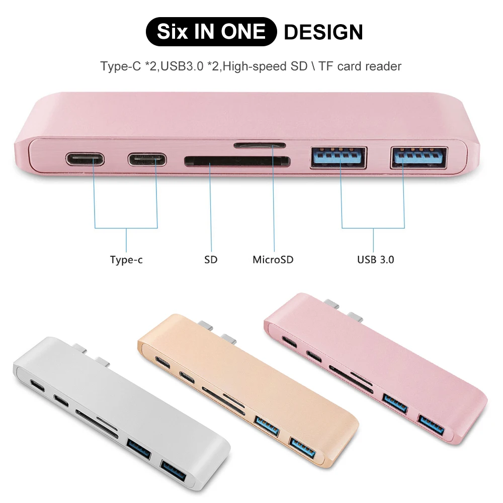 

Dual Type-C & USB C 6in1 USB 3.0 Type C HUB Adapter TF SD Card Slot Reader for MacBook Pro Air 2018 for Mac 12 inch USC-C HUB