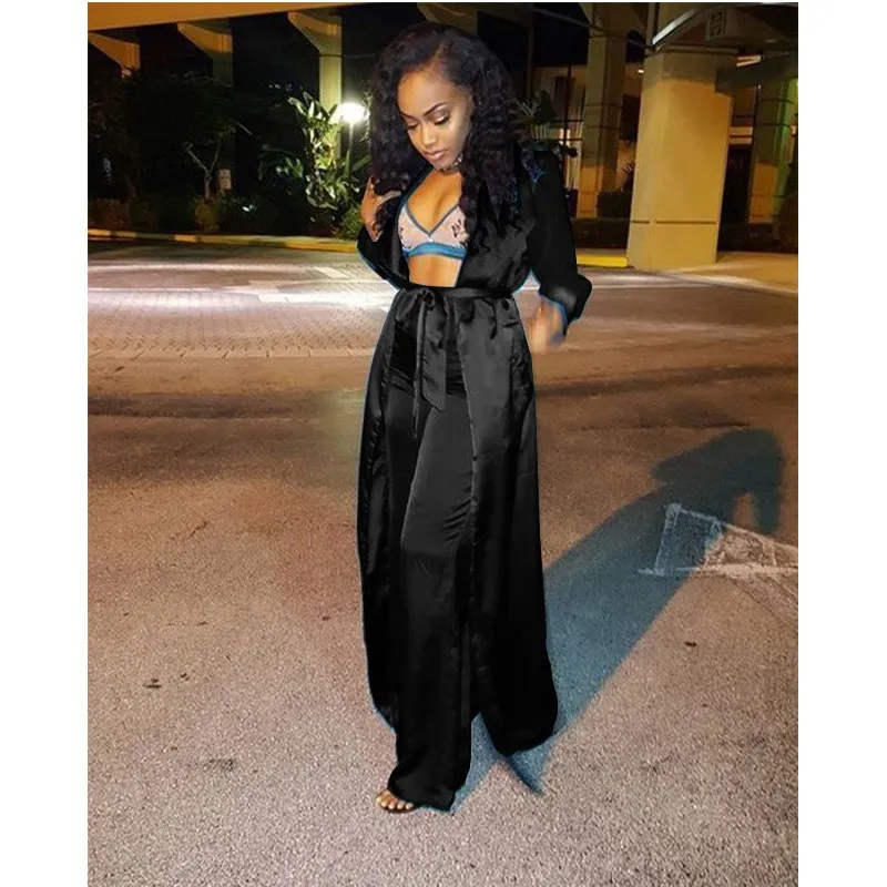 

Women Satin Silk Open Front Cardigan 2 Piece Outfits V-Neck Solid Color Kimono Cover-Up With Wide Leg Pants Sets