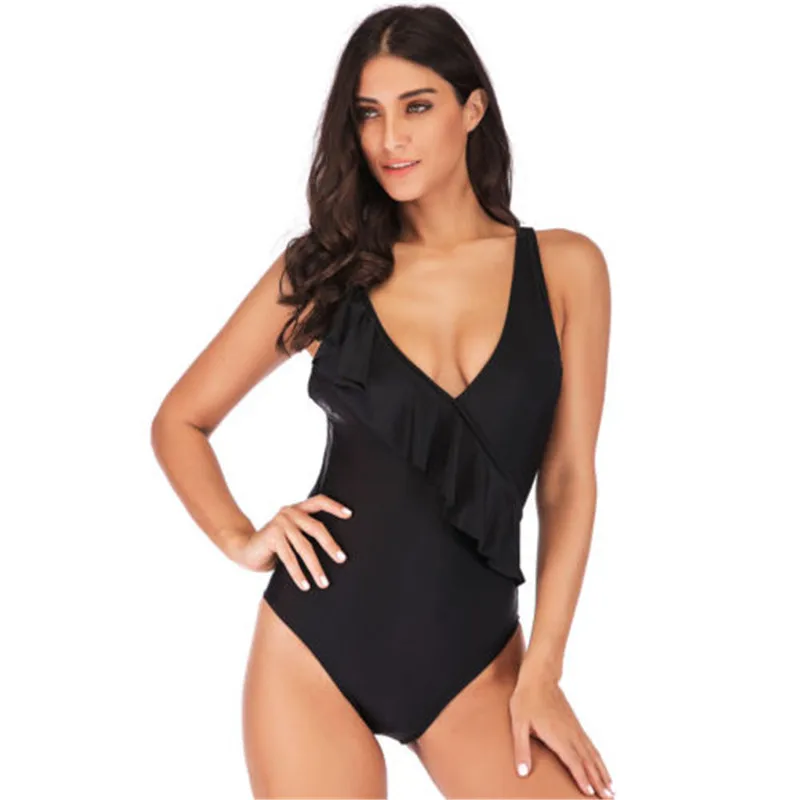 

Sexy One Piece Swimsuit Women Swimwear Solid Black Women's Swimming Suit Retro Bodysuit Beach Wear Black Bathing Suit 2019 New